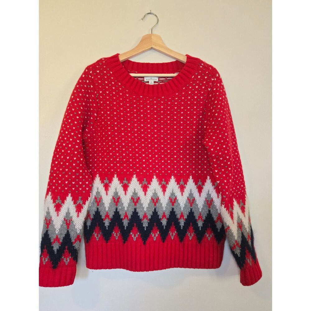 LL Bean Signature Womens Wool Mohair Size S Red BirdsEye Chevron Sweater Nordic